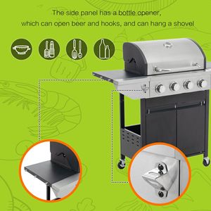 Parrilla de gas propano de acero inoxidable de 4 quemadores con quemador lateral y termómetro para barbacoa y camping al aire libre - Product Image 4