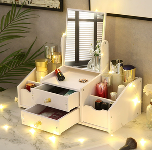 Organisateur de coiffeuse multifonctionnel en bois de style nordique de luxe - Boîte de rangement cosmétique avec miroir rond blanc et accents d'oreilles de chat & <span class=keywords><strong>Bui</strong></span> - Product Image 2