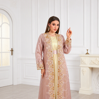 Ensemble de deux pièces kaftan brodé pour femmes, robe longue musulmane à manches longues, abaya dorée avec perles, pour l'Aïd, le Ramadan, l'hiver, en polyester, vente en gros