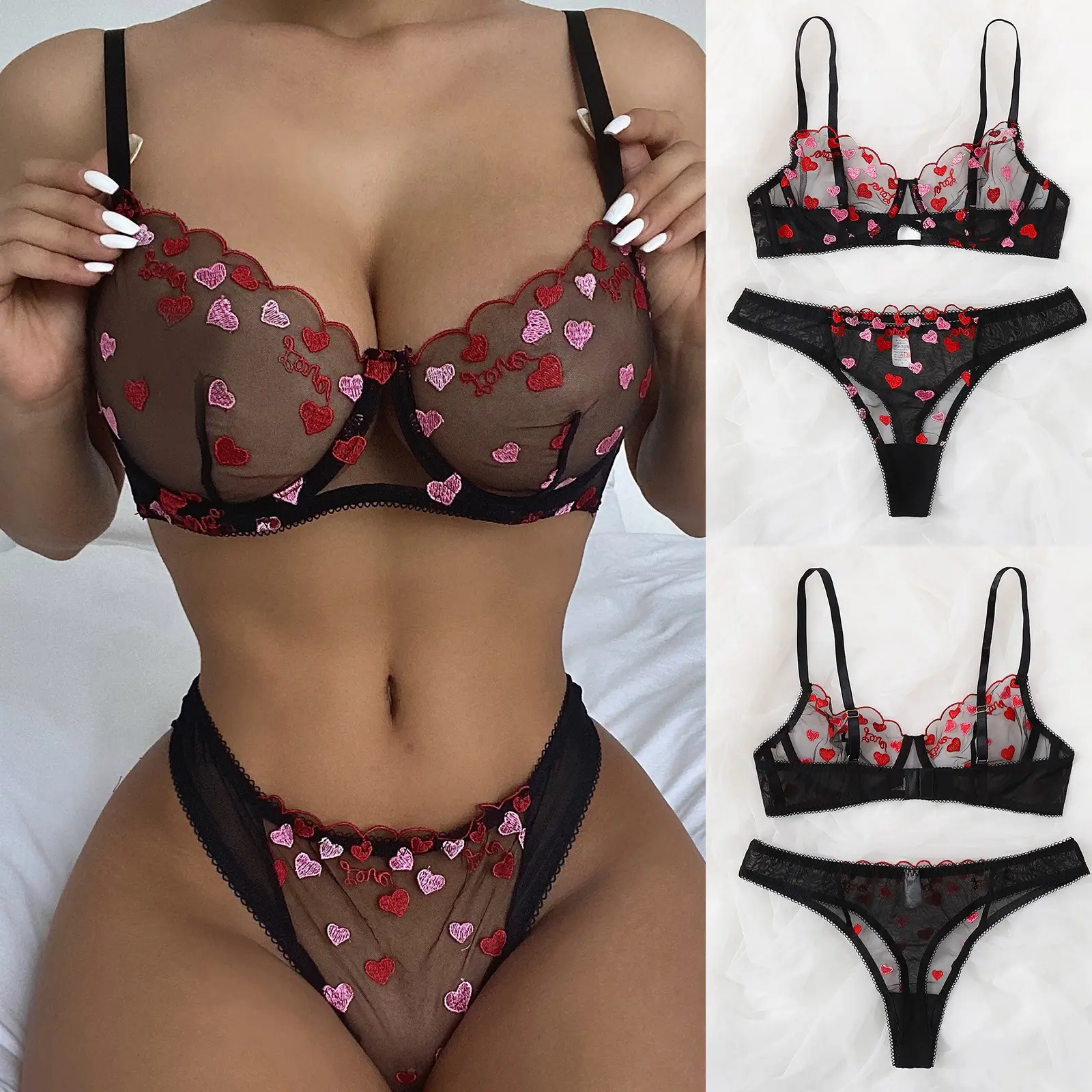 Fashionable women heart embroidery lace lingerie set girl bra panty suit sexy erotic perspective lingerie set