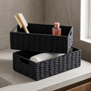 Panier de rangement pliable rectangulaire noir en jacinthe d'eau tressée, rustique, écologique, léger et polyvalent - Product Image 2