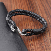 Gelang kulit untuk pria wanita, desain kepala ular antik mewah asli anyaman dan gelang baja tahan karat untuk Perhiasan Pria Wanita