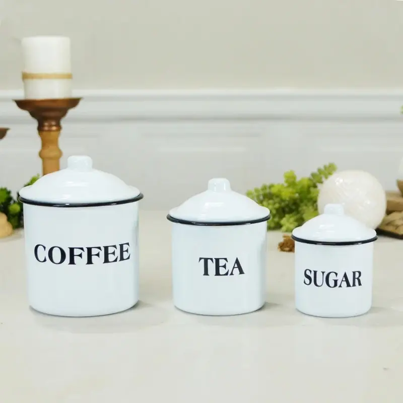 10cm Küchen geschirr benutzer definierte Logo gedruckt weiße Farbe Emaille Zucker Kaffee Tee Salztopf Kanister kann Vorrats behälter mit Deckel