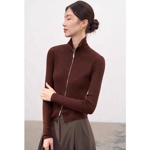 Cárdigan de punto con cuello alto y doble cremallera para mujer, suéter base ajustado de cuello medio alto para otoño e invierno - Product Image 5