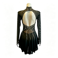 Robe de patinage artistique noire à col montant, manches longues en maille, dos découpé avec strass, pour performance des filles adultes