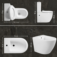 Ensemble WC monobloc et bidet sur pied, en céramique vitreuse sanitaire, finition doré mat, avec réservoir à double chasse.