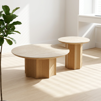 Table basse de salon personnalisable en travertin de luxe léger avec base en bois de frêne antique – Ensemble de tables à thé