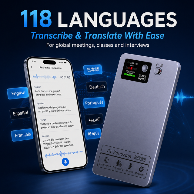 Ultra-Slim Magnetic AI Voice Recorder 400mAh 32-36H Working Time App Control Speech-to-Text Transcribe Summarize 118 Languages.