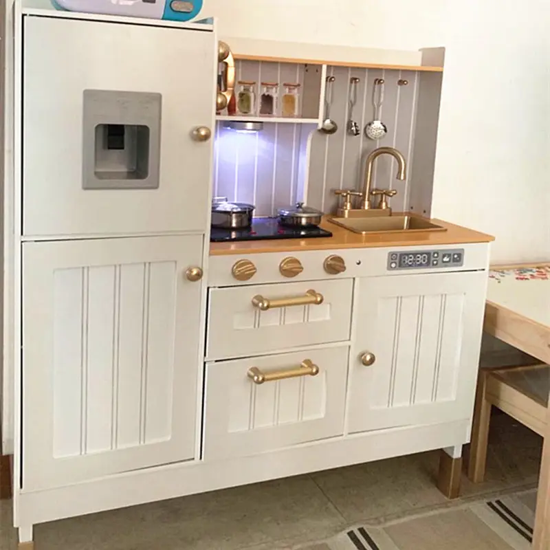 Criança fingir kitchenette acessórios play set madeira fingir, jogo de cozinha com luzes