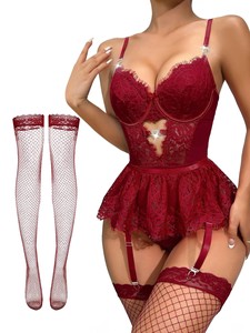 Ensemble de lingerie sexy : <span class=keywords><strong>Bas</strong></span>, porte-jarretelles cœur en strass, soutien-gorge à armatures, dentelle florale en résille transparente, babydoll et body teddy - Product Image 1