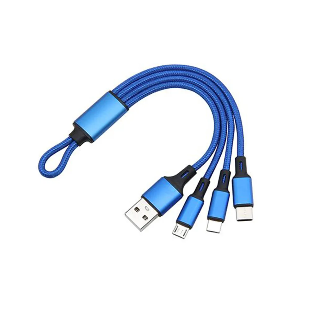 15cm Mini 3 in 1 Fabric braided 8pin/micro/type c/USB2.0 keychain 2A Fast Charger Cable For Iphone Android Charger Wire