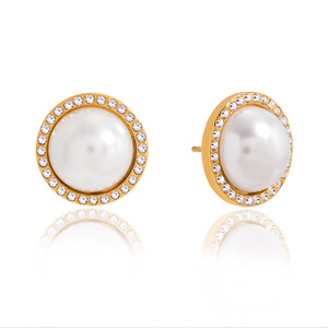 Pearl <b>Stud</b> <b>Earrings</b> Gold Plated With <b>Crystal</b> Bezel Setting For Everyday Wear - Product Image 5