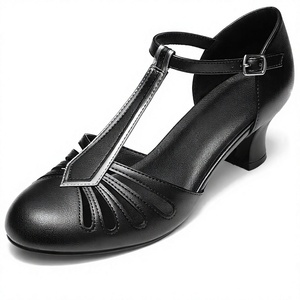 Zapatos de Baile Latino de Salón para Mujer, de Cuero Genuino, con Correa en T, Tacón Mediano Negro, Zapatos de Cuero de Alta Calidad, MOQ Bajo, OEM, ODM, DDP - Product Image 1