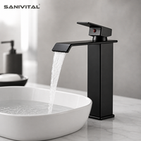 SANIVITAL Robinet de lavabo de salle de bain moderne sans contact à poignée unique, cascade, à poser sur le comptoir, avec cartouche céramique, mitigeur eau chaude et froide