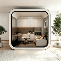 Maison capsule moderne préfabriquée, écologique et durable, avec structure en verre trempé, villa, appartement, hôtel, salon extérieur