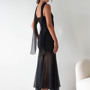 Robe de demoiselle d'honneur en mousseline de soie pour femme, avec écharpe, coupe trapèze, col carré, longue, pour soirée formelle - Product Image 2