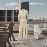 Robe longue en tricot évasé pour femme élégante col polo manches trois quarts pour femme Midi naturel pour le printemps