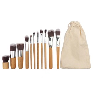 11 Piece Bamboo Handle Makeup <b>Brush</b> Set Synthetic Hair Face Cosmetic Tools With Linen Bag - Product Image 5