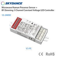 Capteur de présence humaine à micro-ondes Skdyance V3-PE 12-24VDC + Contrôleur LED à tension constante à 3 canaux avec gradation RF
