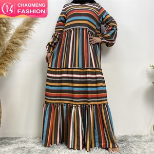 6400 #   Robe décontractée élégante pour femme avec col rond, poignets élastiques, empiècements plissés et rayures, fermeture éclair au dos - Product Image 1