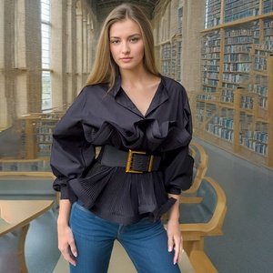 OUDINA Camicia alla Moda per Donna, Casual, Tinta Unita <span class=keywords><strong>con</strong></span> <span class=keywords><strong>Cintura</strong></span>, Maniche Lunghe <span class=keywords><strong>con</strong></span> Volant, Blusa Femminile - Product Image 2