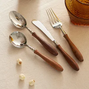 Unique Design Spoon Fork Knife 5-Piece Stainless Steel Flatware With Wood Handles 3261