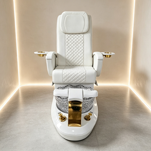 Fauteuil de pédicure électrique inclinable blanc de luxe pour salon de manucure et spa, avec bassin à pieds en verre et décoration dorée - Product Image 3