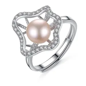 2024 anello di perla d'acqua dolce con foglia di loto cubica in argento Sterling regolabile 925 in argento Sterling