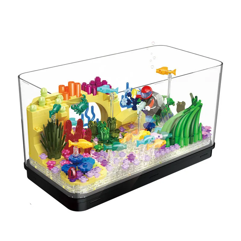 Creative Fishbowl LED Fish Tank Mini Bricks Underwater World Aquarium Marine Animal Building Blocks Toys for Kid Gift Decoration