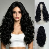 Perruque synthétique mate bouclée style américain pour femme, longue, noire, effet algue, avec dentelle frontale, bonnet en filet rose style européen, fabriquée à la machine