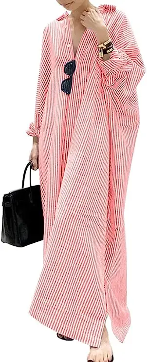 New loose plus size cotton and linen striped shirt dress