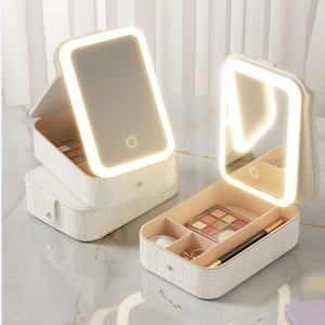 Boîte à maquillage personnalisée avec logo, boîte de rangement cosmétique de bureau, boîte de maquillage portable en cuir imperméable avec miroir à LED - Product Image 5