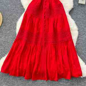 เดรสลำลองทรงเอไลน์สีแดง แขนสั้น คอวี แต่งผ้าลูกไม้ฉลุลาย สไตล์วินเทจสำหรับฤดูร้อน เหมาะสำหรับผู้หญิง - Product Image 3