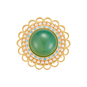 Flower Shape Green Agate Brooch With Pearl And Turquoise Inlay For Women Party Jewelry Zinc Alloy Bezel Setting - Product Image 5