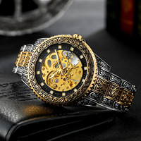Montre mécanique automatique pour homme de créateur, best-seller, vintage, gravée, squelette, avec fond transparent et bracelet en acier