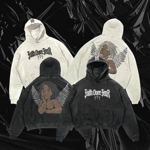 Sweat à capuche Faith Over Fear pour homme, coupe oversize, streetwear, en coton tricoté, imprimé sur le devant, coupe classique, automne, noir et blanc, motif ange - Product Image 6