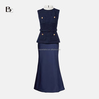 Vente en gros de vêtements haut de gamme de qualité d'usine OEM/ODM ensembles de carrière de boutiques de luxe robe mi-longue en satin gilet en tweed avec ceinture pour femmes