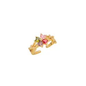 Fashion Elegant Ring Gold Color Elegant Fine Jewelry Crystal Rings Four-Color Zircon Four-Leaf Petals Rings