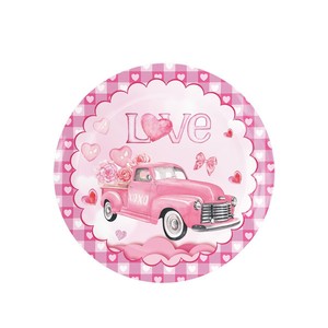 Assiettes en papier pour la Saint-Valentin, rondes, roses, avec un motif de camion et de cœur, décorations de table pour fête - Product Image 1