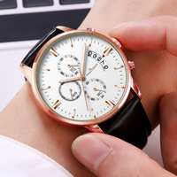 Montre étanche en cuir noir pour hommes, boîtier en alliage doré, cadran rond blanc avec calendrier, montre-bracelet à quartz