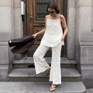 Conjunto de 2 Piezas de Encaje Blanco para Mujer, Top sin Mangas con Pantalones Largos, Elegante, Holgado, Transpirable, para Primavera/Verano - Product Image 2