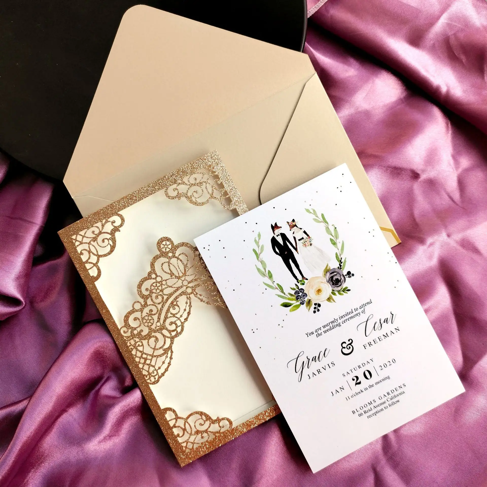 Glitter Floral Laser Cut Wedding Invitation Cards with Envelope Blank Inner Sheet for Wedding Engagement Bridal Shower Party