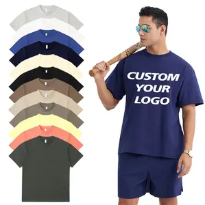 Kaus lengan pendek longgar bahu terbuka uniseks logo kustom 245gsm katun berat t-shirt pria polos ukuran plus