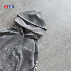 Felpa con Cappuccio <span class=keywords><strong>Y2K</strong></span> Personalizzata con Zip, Effetto Consumato, Doppio Cappuccio, Alta Qualità, Streetwear Oversize in Spugna Francese - Product Image 2