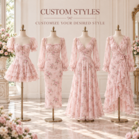 Robe longue OEM pour femme en mousseline de soie à imprimé floral, col carré, avec nœud sur le devant, manches longues bouffantes et poignets à volants, ajustée, pour occasions spéciales