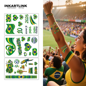 Tatuaggi Temporanei Brasile 2026 Mondiali Calcio Adesivi per Tifosi Neymar 10 Stile Samba Impermeabili Arte Corporea 3 Fogli per Adulti e Bambini - Product Image 1