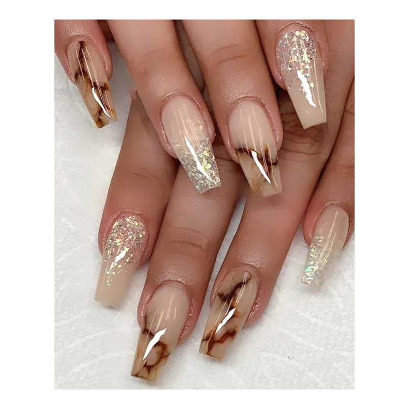 Extreme Long Coffin Press On Nails With Rhinestone Pink Glitter Stick O0n Fakenail Nails Decorated Artificial Finger Nails