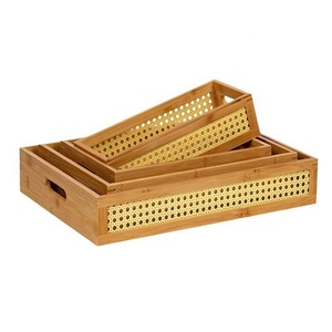 Panier de rangement en rotin tissé en bambou avec cadre en bois et poignées peintes Boîte à couvercle décorative en osier pour <span class=keywords><strong>cuisine</strong></span> ou usage alimentaire - Product Image 1