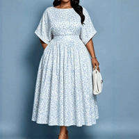 Robe midi grande taille à imprimé floral pour femme, col bateau, manches chauve-souris, taille haute, fluide et plissée, coupe trapèze, Sehe Fashion