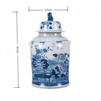 Vase en céramique chinoise vintage bleu et blanc à motif floral et d'animaux, avec bouton en forme de lion, peint à la main, pour décoration de mariage et de maison
